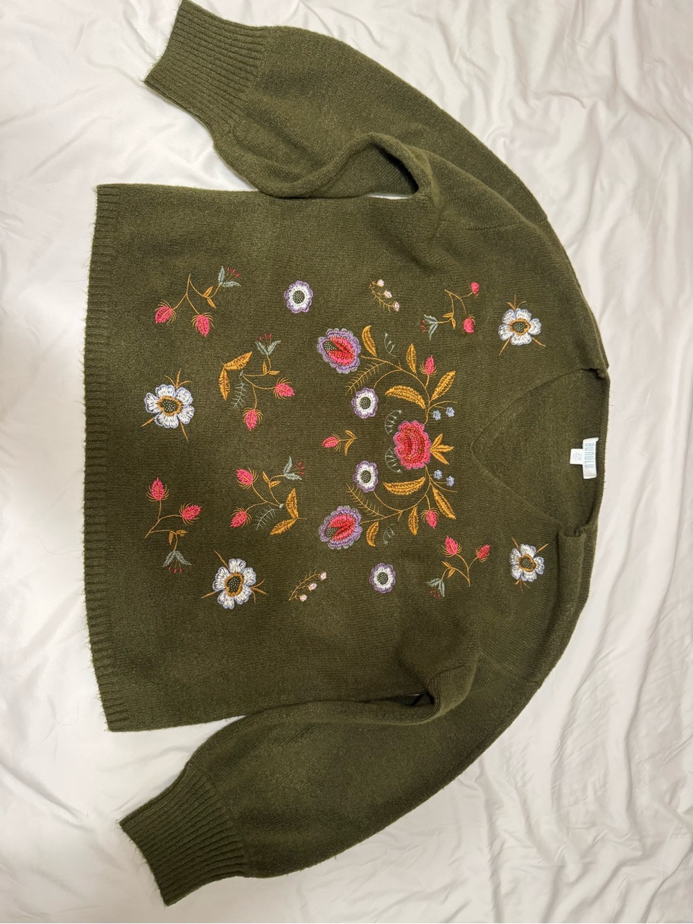 Embroidered V-Neck Sweater in Olive Green